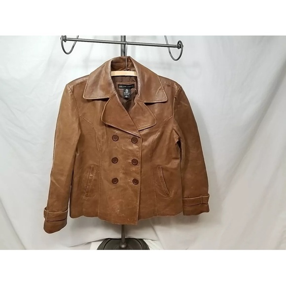 New York & Company Jackets & Blazers - Retro New York & Company Genuine Leather Jacket Women Lg Tan Brown Button Down